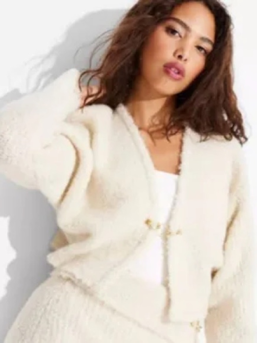 wild fable Cream Bouclé Cropped Cardigan with Gold Ring Closures